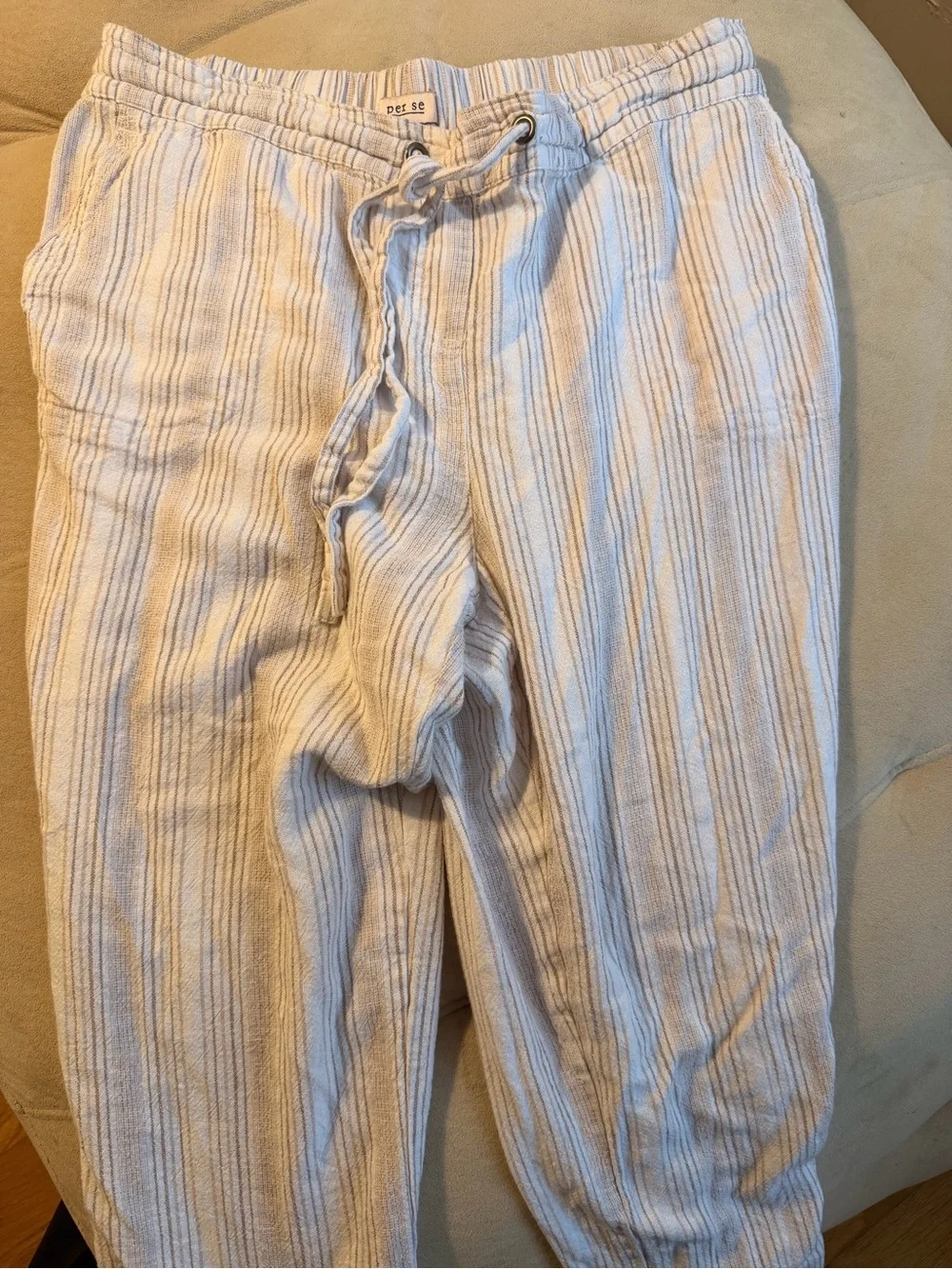 Per Se Men's White Pants with beige Pinstripes
